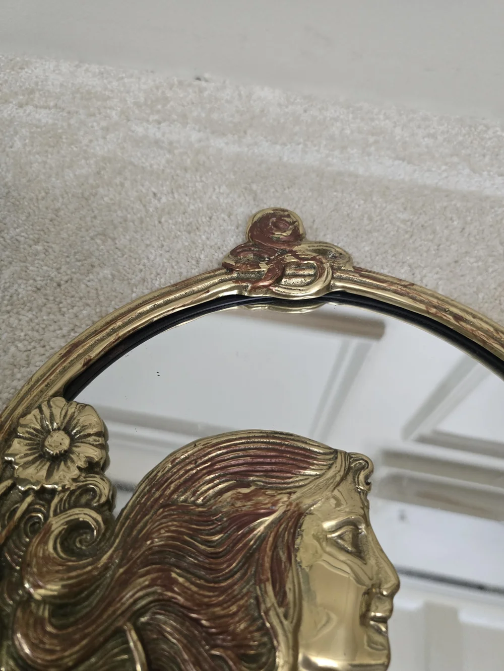 Art Nouveau Gold Decorative Round Wall Mirror with Floral Woman Motif